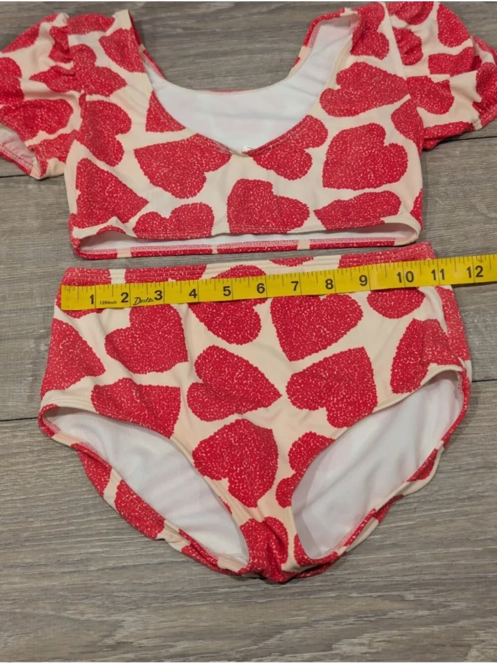 Mini Boden Girls 8-9Y Puff Sleeve Bikini Two Piece Red Hearts Cream Swimsuit